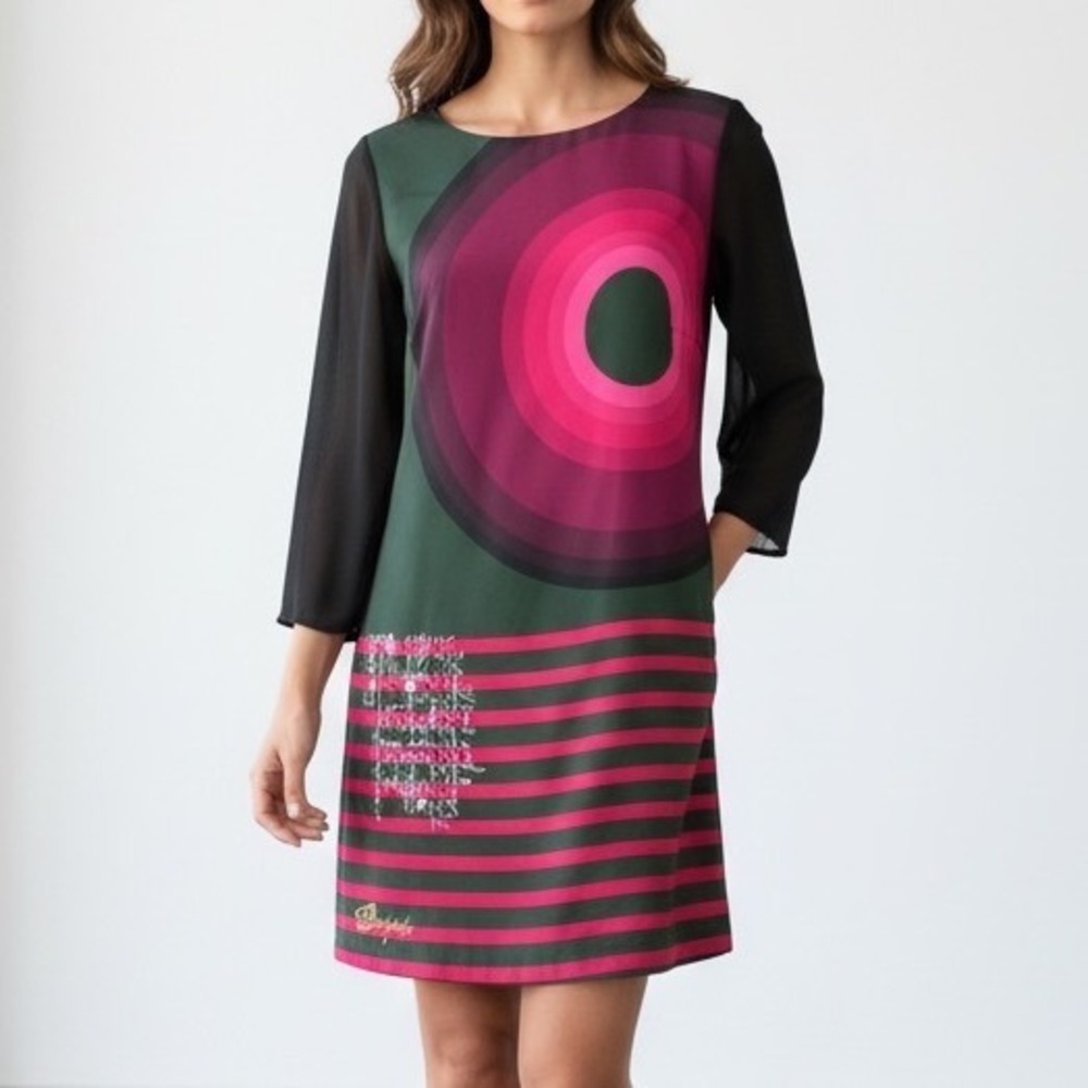 Desigual Green Pink Geometric Stripe Graffiti Shift Dress Sheer Sleeve 40 (M)